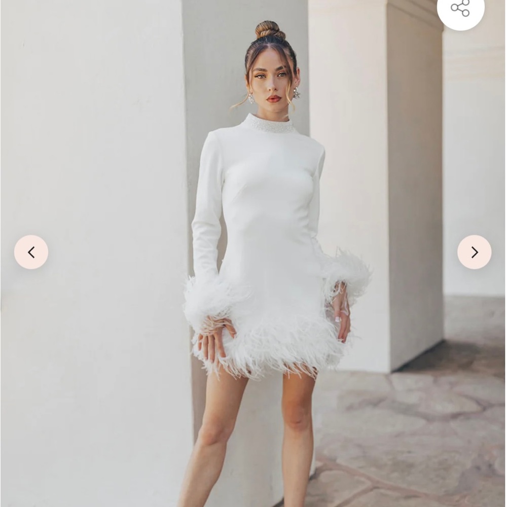 UNTAMED PETALS BY AMANDA JUDGE White Long Sleeve Feather Trim Mini Dress